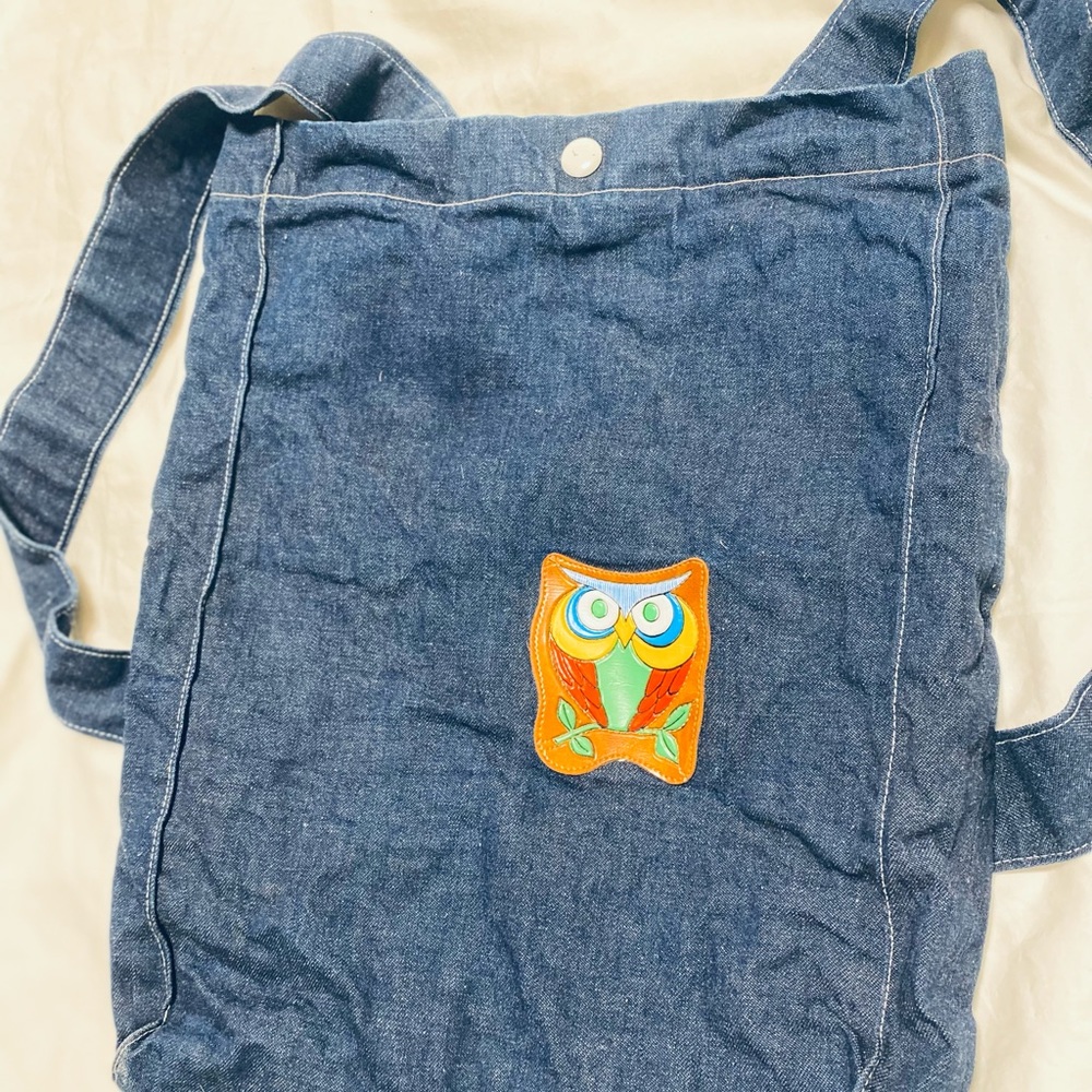 🦉Unreasonably cute, retro handmade owl knapsack, snap up denim